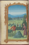 Full-page miniature of haymaking, in June
