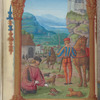 Full-page miniature of falconry, with threshers in the background, in August