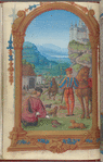Full-page miniature of falconry, with threshers in the background, in August