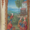Full-page miniature of gathering grapes, with treading of grapes in background, in September