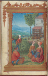 Full-page miniature of gathering grapes, with treading of grapes in background, in September