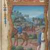Full-page miniature of sowing seed; riding to the hounds in the background, in October