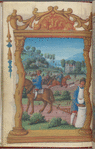 Full-page miniature of sowing seed; riding to the hounds in the background, in October