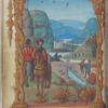 Full-page miniature of hunting, with wood-cutting in background, in November