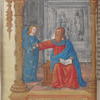 Full-page miniature of St. Matthew with his angel.  Lower border reads "Cum natus esset Ihesus"