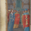 Full-page miniature of Pilate delivering Jesus to the High Priest.  Lower border reads:  "Egressus est Dominus Ihesus"
