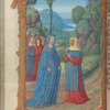 Full-page miniature of the Visitation.  Lower border reads:  "Deus in adiutorium meum intende"