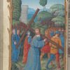 Full-page miniature of Christ bearing the Cross; a procession of figures with Mount Cavalry in the far background and Judas hanging on a tree in the middle background