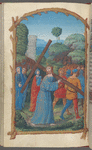 Full-page miniature of Christ bearing the Cross; a procession of figures with Mount Cavalry in the far background and Judas hanging on a tree in the middle background