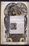 Miniature of Nativity; full border with human and grotesque figures; initial with human figure.  Rustic capitals, rubric