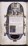 Miniature of the death of Augustine with canons kneeling around his body.  Border design, initial, rubric, rustic capitals