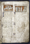 Opening of text, two oblong images on orange-red backgrounds, rubric, blue initials with red penwork, daubs of pale yellow as placemarkers