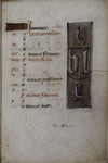 Opening page of calendar, written in French. Rubrics, initials, lateral border design with initials bl.