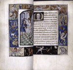 Opening of main text with historiated initial, full-page miniature, elaborate border design