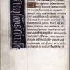 Page of text with initial, lateral border containing words in French. Trace of catchword in lower margin