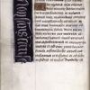 Page of text with initial, lateral border containing words in French. Trace of catchword in lower margin