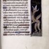 Page of text with initials, linefillers, and lateral border design with grotesque figure