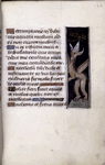 Page of text with initials, linefillers, and lateral border design with grotesque figure
