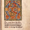 Opening of main text, with large illuminated initial, rubric,  and 1-line red initial.  Note of ownership in upper margin
