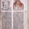 Page of text with two miniatures, rubrics, placemarkers.  Right miniature includes coats of arms of archbishoprics of Cologne and Mayence
