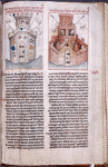 Page of text with two miniatures, rubrics, placemarkers.  Right miniature includes coats of arms of archbishoprics of Cologne and Mayence