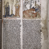 Page of text with 2 miniatures, rubrics, initials, placemarkers, and later quire signature in lower margin. Hand A