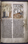 Page of text with 2 miniatures, rubrics, initials, placemarkers, and later quire signature in lower margin. Hand A