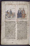 Explicit of text, 2 miniatures, rubrics, initials, placemarkers. Hand B