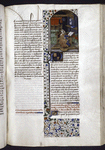 Close of previous text, "La voye purgative..."  Opening of text of "Contemplacions Saint Augustin".  Miniature of Augustine in his study