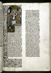 Opening of text, Hand B.  Miniature of Pope flanked by clergy, nobility and the bourgeosie
