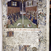 Opening of prologue describing translation.  Large miniature of emperors and popes, seated facing one another; initial, rubric, border design.  Coat of arms (partially defaced) of Jacques d'Armagnac