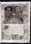 Opening of prologue describing translation.  Large miniature of emperors and popes, seated facing one another; initial, rubric, border design.  Coat of arms (partially defaced) of Jacques d'Armagnac