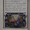 Explicit of text with miniature of the Trinity with border of palm fronds, fruits etc.