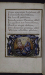 Explicit of text with miniature of the Trinity with border of palm fronds, fruits etc.