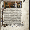 Miniature of Soul as a pilgrim led to judgment by Satan and a Guardian Angel.  Border design, rubrics, 1-line and 2-line initials.