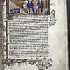 Miniature of three Souls as pilgrims, seperated from the heavenly tribunal by large curtain; court as nimbed saints and Virgin; Guardian Angel with chalice; trumpeter.  Border design, initials, rubrics, placemarkers. Quire signature in lower right corner.