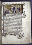 Miniature of three Souls as pilgrims, seperated from the heavenly tribunal by large curtain; court as nimbed saints and Virgin; Guardian Angel with chalice; trumpeter.  Border design, initials, rubrics, placemarkers. Quire signature in lower right corner.