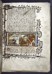Miniature of Soul and Angel with Satan writing accusation against the Soul and with Synderesis (Worm of Conscience) as a snake with a male head.  Border design, initial, rubric, placemarkers.