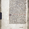 Page of text with initial and penwork, rubrics, placemarkers, and catchwords visible.