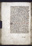 Page of text with initial and penwork, rubrics, placemarkers, and catchwords visible.