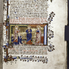 Miniature of weighing of Soul with Misericord interceding.  Border design, initial, rubrics, placemarkers.