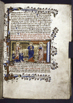 Miniature of weighing of Soul with Misericord interceding.  Border design, initial, rubrics, placemarkers.