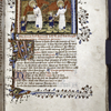 Opening of Book II.  Miniature of Guardian Angel giving burden to Soul; Soul led to purgatory by the Guardian Angel.  Border design, large and small initials, rubrics, placemarkers.