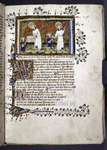 Opening of Book II.  Miniature of Guardian Angel giving burden to Soul; Soul led to purgatory by the Guardian Angel.  Border design, large and small initials, rubrics, placemarkers.