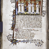 Miniature of Soul raised to Heaven, greeted by singing Angels.  Border design, initial, rubrics, placemarkers.