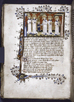 Miniature of Soul raised to Heaven, greeted by singing Angels.  Border design, initial, rubrics, placemarkers.