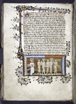 Miniature of Soul shown deformed souls by Guardian Angel.  Border design, initial, rubrics, placemarkers.