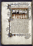 Miniature of Soul shown souls in Purgatory, with their guardian angels.  Border design, rubric, initial, placemarkers.
