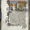 Miniature of Soul shown a soul chained to a money-chest.  Border design, initial, rubric, placemarkers.