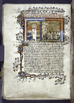 Miniature of Soul shown a soul chained to a money-chest.  Border design, initial, rubric, placemarkers.